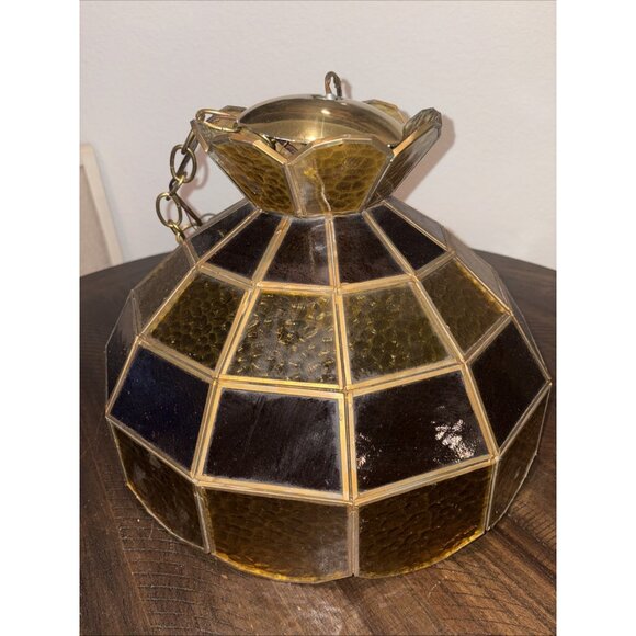 Vtg Tiffany Style-Amber Bubble Glass Ceiling Light Fixture 70’sRetro 16” - Picture 3 of 8